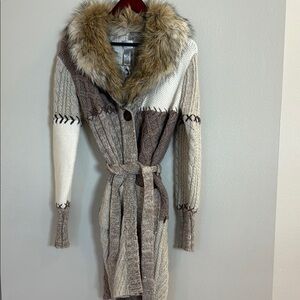 Knit Cardigan with tie and Removable Faux Fur Collar (unworn)